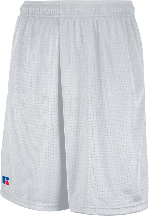 Am image of a Custom Russell Athletic Mesh Shorts With Pockets in White!