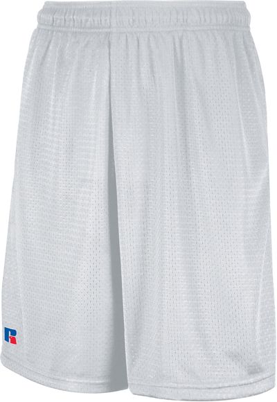 Am image of a Custom Russell Athletic Mesh Shorts With Pockets in White!