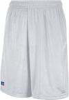 Am image of a Custom Russell Athletic Mesh Shorts With Pockets in White!