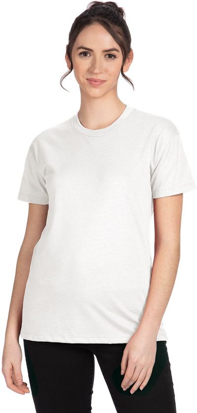 Am image of a Custom Next Level Ladies' Relaxed CVC T Shirt in WHITE!