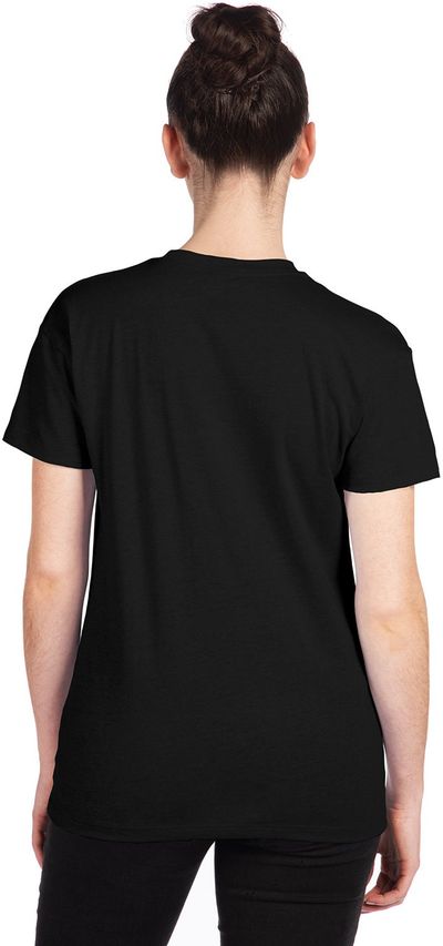 Am image of a Custom Next Level Ladies' Relaxed CVC T Shirt in BLACK!