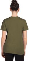 Am image of a Custom Next Level Ladies' Relaxed CVC T Shirt in MILITARY GREEN!