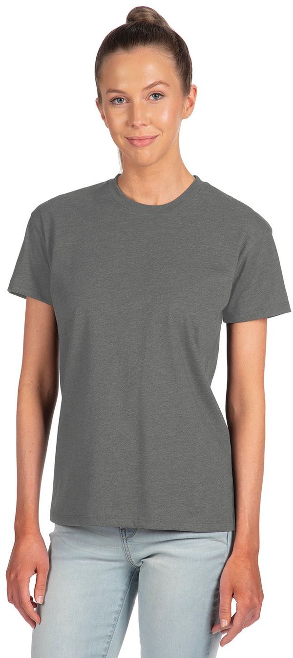 Am image of a Custom Next Level Ladies' Relaxed CVC T Shirt in DARK HEATHER GRAY!
