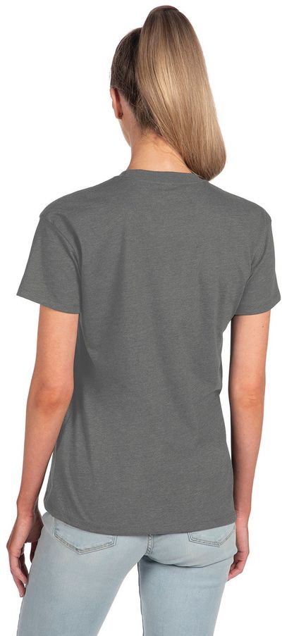 Am image of a Custom Next Level Ladies' Relaxed CVC T Shirt in DARK HEATHER GRAY!