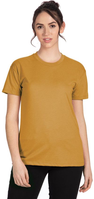 Am image of a Custom Next Level Ladies' Relaxed CVC T Shirt in ANTIQUE GOLD!