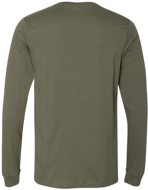 An image of a Custom Bella and Canvas Jersey Long Sleeve T Shirt in Military Green!
