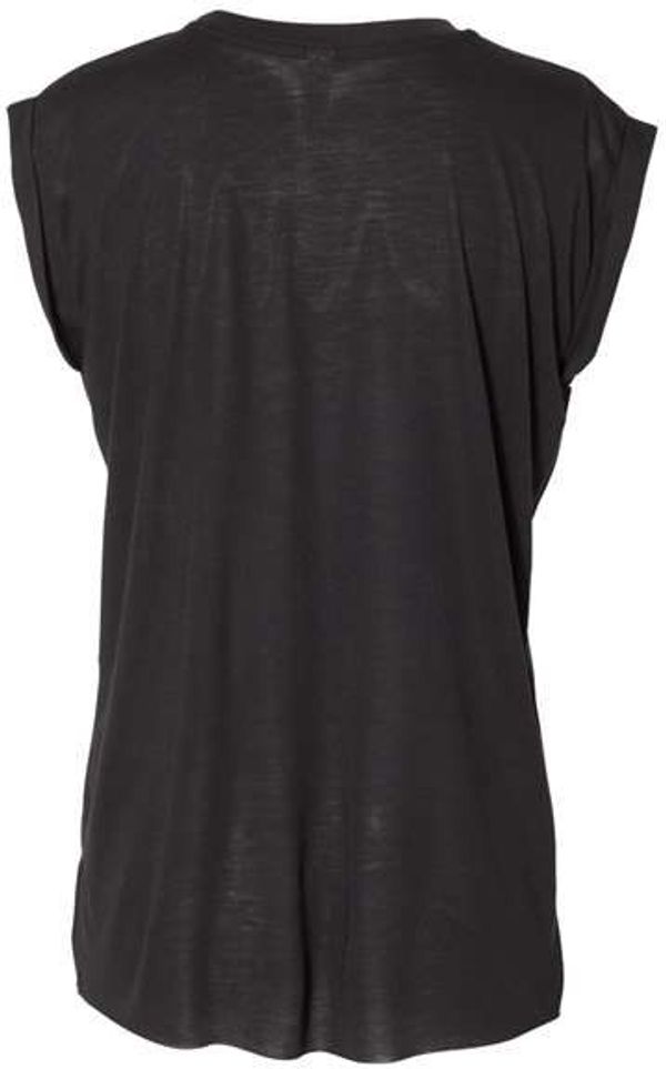 Am image of a Custom Bella and Canvas Womens Flowy Rolled Cuffs Muscle Tee in Black!