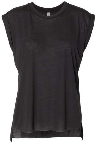 Am image of a Custom Bella and Canvas Womens Flowy Rolled Cuffs Muscle Tee in Black!