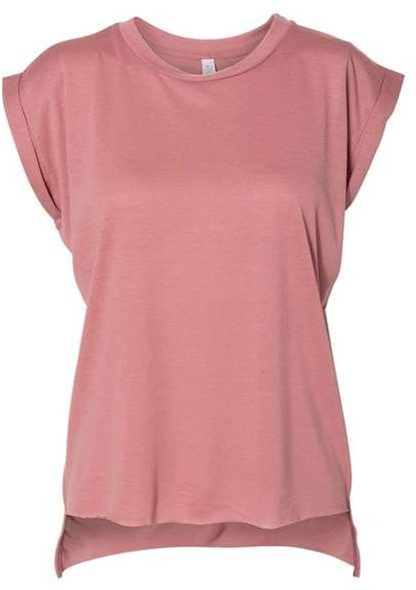 Am image of a Custom Bella and Canvas Womens Flowy Rolled Cuffs Muscle Tee in Mauve!