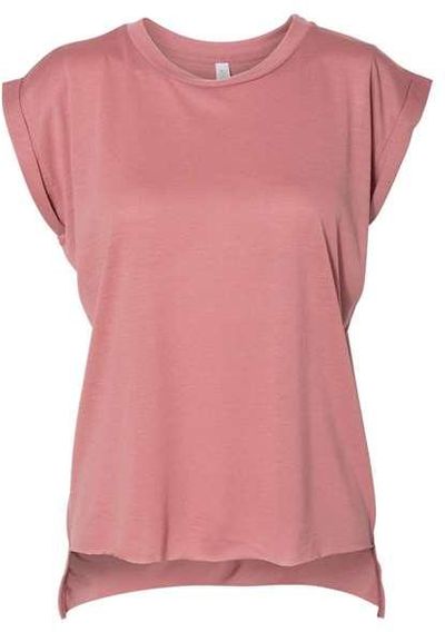 Am image of a Custom Bella and Canvas Womens Flowy Rolled Cuffs Muscle Tee in Mauve!