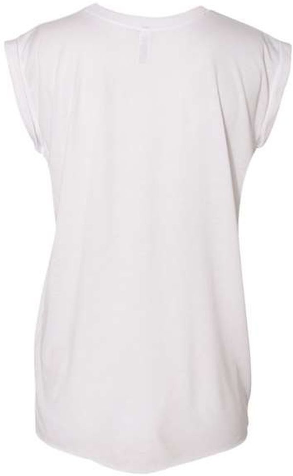 Am image of a Custom Bella and Canvas Womens Flowy Rolled Cuffs Muscle Tee in White!