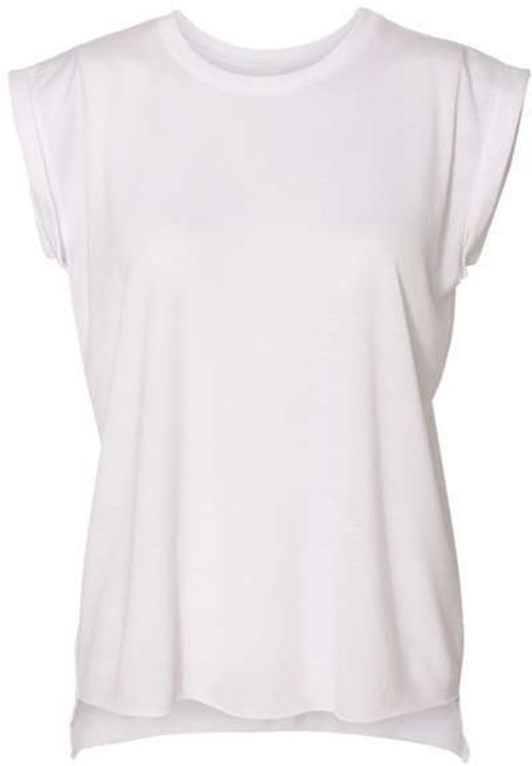 Am image of a Custom Bella and Canvas Womens Flowy Rolled Cuffs Muscle Tee in White!