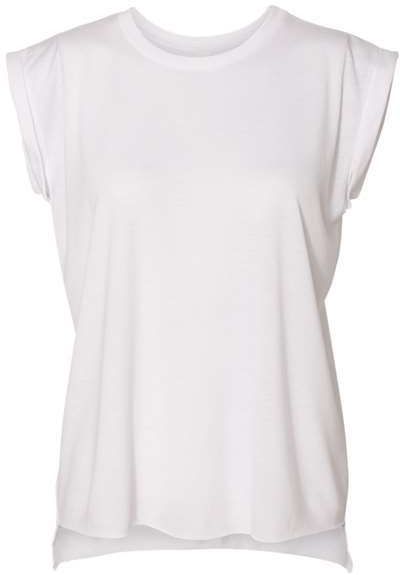 Am image of a Custom Bella and Canvas Womens Flowy Rolled Cuffs Muscle Tee in White!