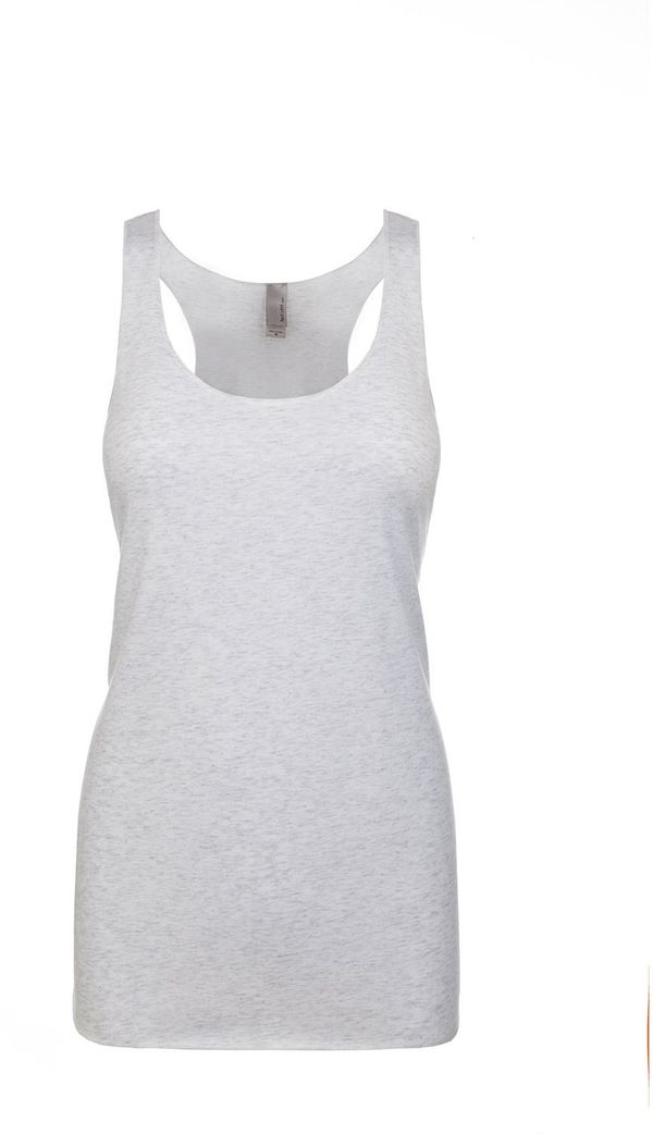 Am image of a Custom Next Level Ladies Tri Blend Racerback Tank in Heather White!