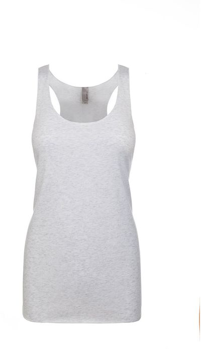 Am image of a Custom Next Level Ladies Tri Blend Racerback Tank in Heather White!