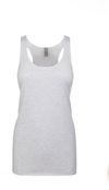 Am image of a Custom Next Level Ladies Tri Blend Racerback Tank in Heather White!