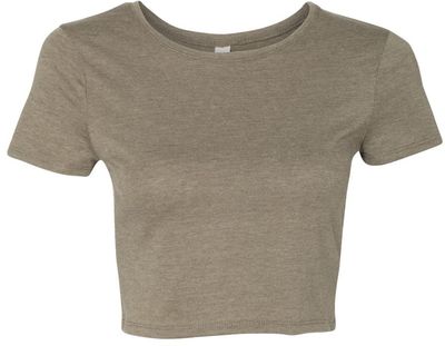 Am image of a Custom Bella and Canvas Womens Crop Tee in Heather Olive!