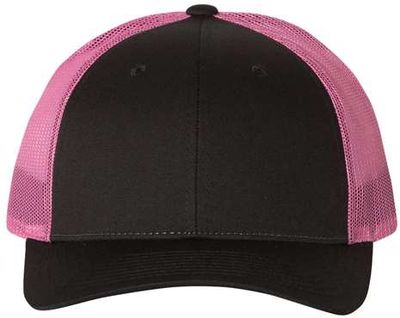Am image of a Custom Richardson Low Pro Trucker Cap in Black/Neon Pink!