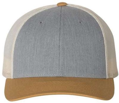 Am image of a Custom Richardson Low Pro Trucker Cap in Heather Grey/Birch/Amber Gold!