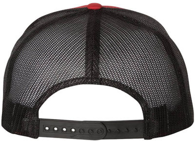 Am image of a Custom Yupoong Five Panel Classic Trucker Cap in Red/Black!