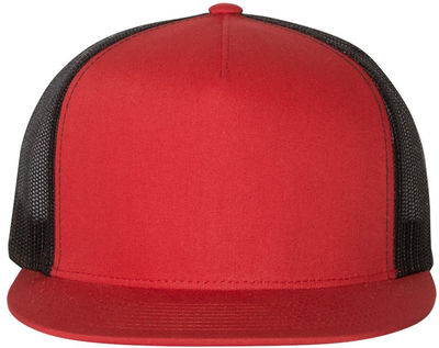 Am image of a Custom Yupoong Five Panel Classic Trucker Cap in Red/Black!