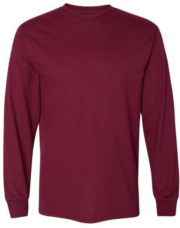 Am image of a Custom Gildan DryBlend Fifty Fifty Long Sleeve T Shirt in Maroon!