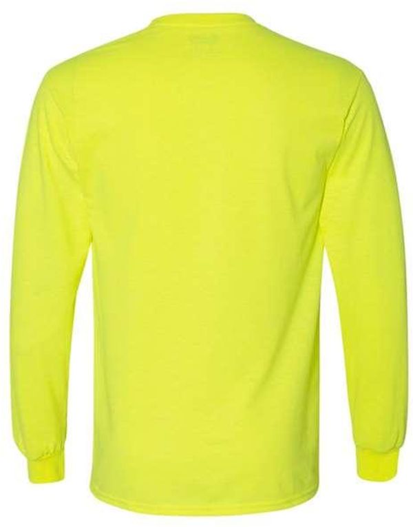 Am image of a Custom Gildan DryBlend Fifty Fifty Long Sleeve T Shirt in Safety Green!