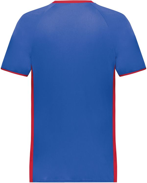 An image of a Custom Augusta Cutter Plus V Neck Jersey in Royal/Scarlet!