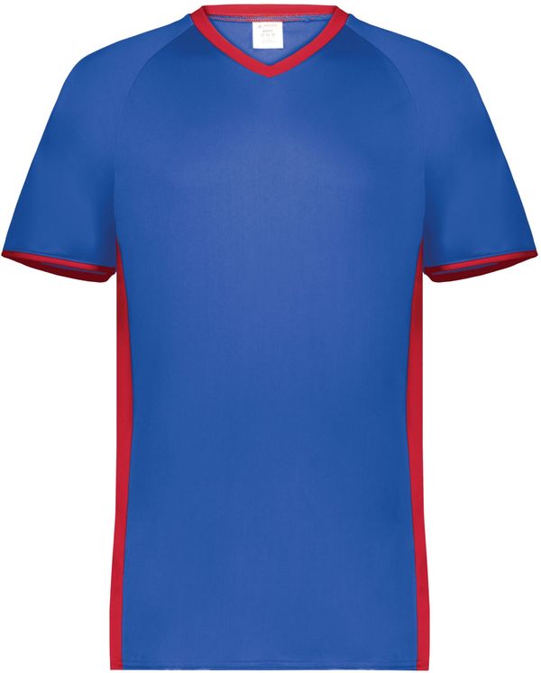 An image of a Custom Augusta Cutter Plus V Neck Jersey in Royal/Scarlet!