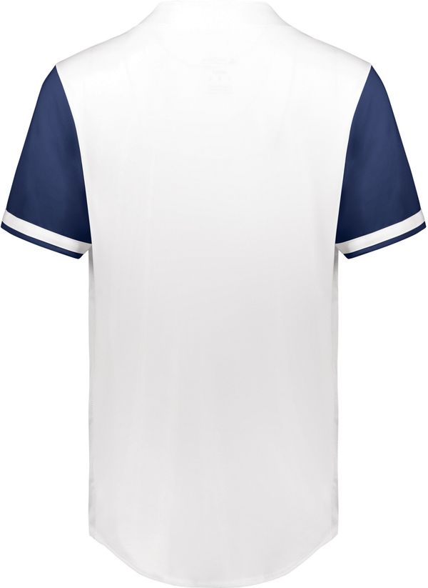 Am image of a Custom Augusta Cutter Plus Full Button Baseball Jersey in White/Navy!