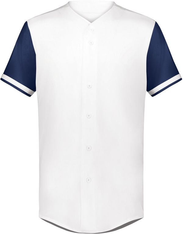 Am image of a Custom Augusta Cutter Plus Full Button Baseball Jersey in White/Navy!