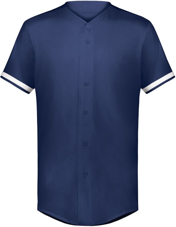 Am image of a Custom Augusta Cutter Plus Full Button Baseball Jersey in Navy/White!