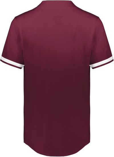 Am image of a Custom Augusta Youth Cutter Plus Full Button Baseball Jersey in Maroon/White!