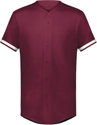 Am image of a Custom Augusta Youth Cutter Plus Full Button Baseball Jersey in Maroon/White!