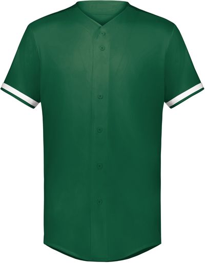Am image of a Custom Augusta Youth Cutter Plus Full Button Baseball Jersey in Dark Green/White!