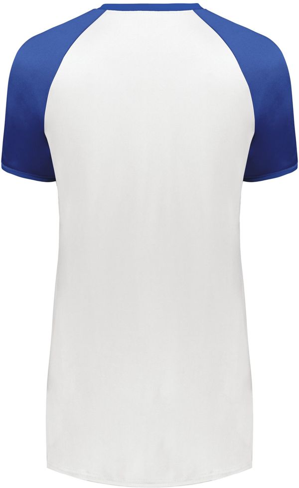 Am image of a Custom Augusta Ladies Cutter Plus V Neck Jersey in White/Royal!