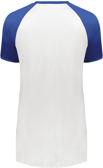 Am image of a Custom Augusta Ladies Cutter Plus V Neck Jersey in White/Royal!