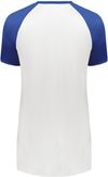 Am image of a Custom Augusta Ladies Cutter Plus V Neck Jersey in White/Royal!