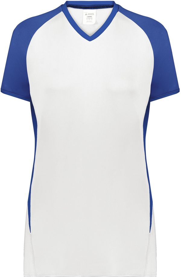 Am image of a Custom Augusta Ladies Cutter Plus V Neck Jersey in White/Royal!