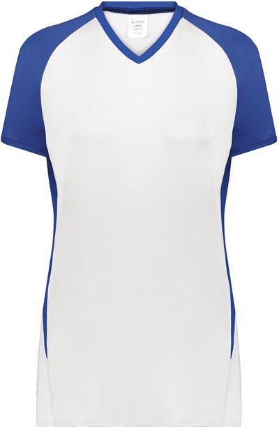 Am image of a Custom Augusta Ladies Cutter Plus V Neck Jersey in White/Royal!