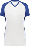 Am image of a Custom Augusta Ladies Cutter Plus V Neck Jersey in White/Royal!