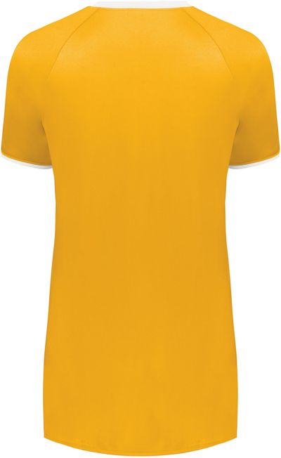 Am image of a Custom Augusta Ladies Cutter Plus V Neck Jersey in Gold/White!