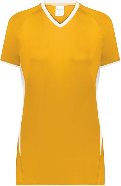 Am image of a Custom Augusta Ladies Cutter Plus V Neck Jersey in Gold/White!