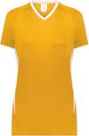 Am image of a Custom Augusta Ladies Cutter Plus V Neck Jersey in Gold/White!