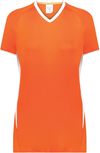 Am image of a Custom Augusta Ladies Cutter Plus V Neck Jersey in Orange/White!