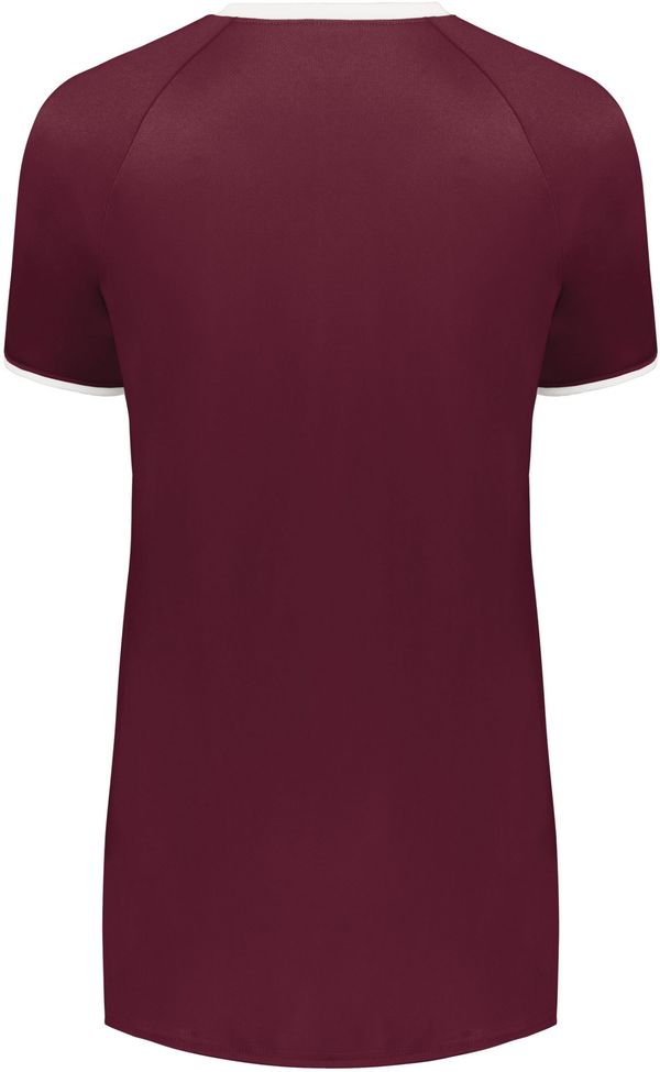 Am image of a Custom Augusta Ladies Cutter Plus V Neck Jersey in Maroon/White!