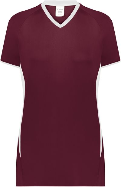 Am image of a Custom Augusta Ladies Cutter Plus V Neck Jersey in Maroon/White!