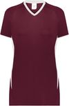 Am image of a Custom Augusta Ladies Cutter Plus V Neck Jersey in Maroon/White!