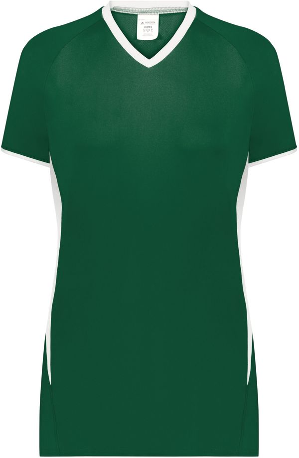 Am image of a Custom Augusta Ladies Cutter Plus V Neck Jersey in Dark Green/White!