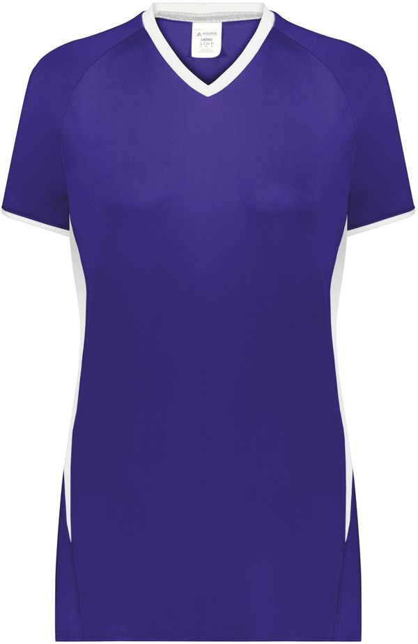 Am image of a Custom Augusta Ladies Cutter Plus V Neck Jersey in Purple/White!